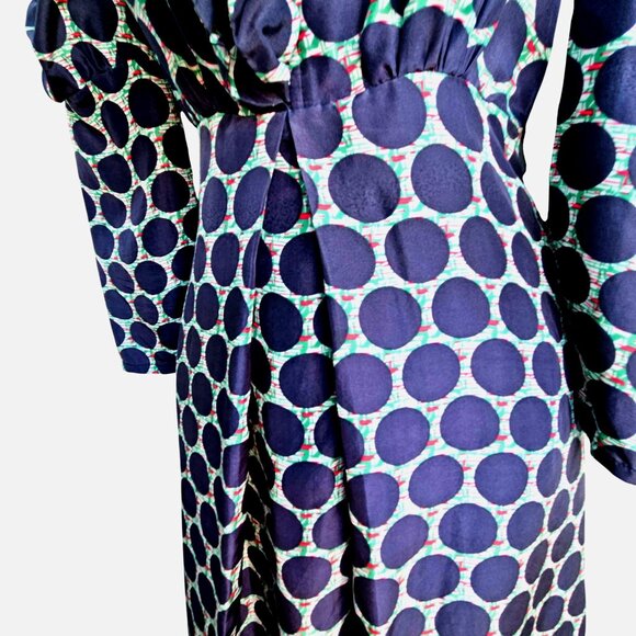 Tsumori Chisato Silk Ruffle Dress Navy Dot Print Size M Fits S Long Sleeve - Picture 11 of 16